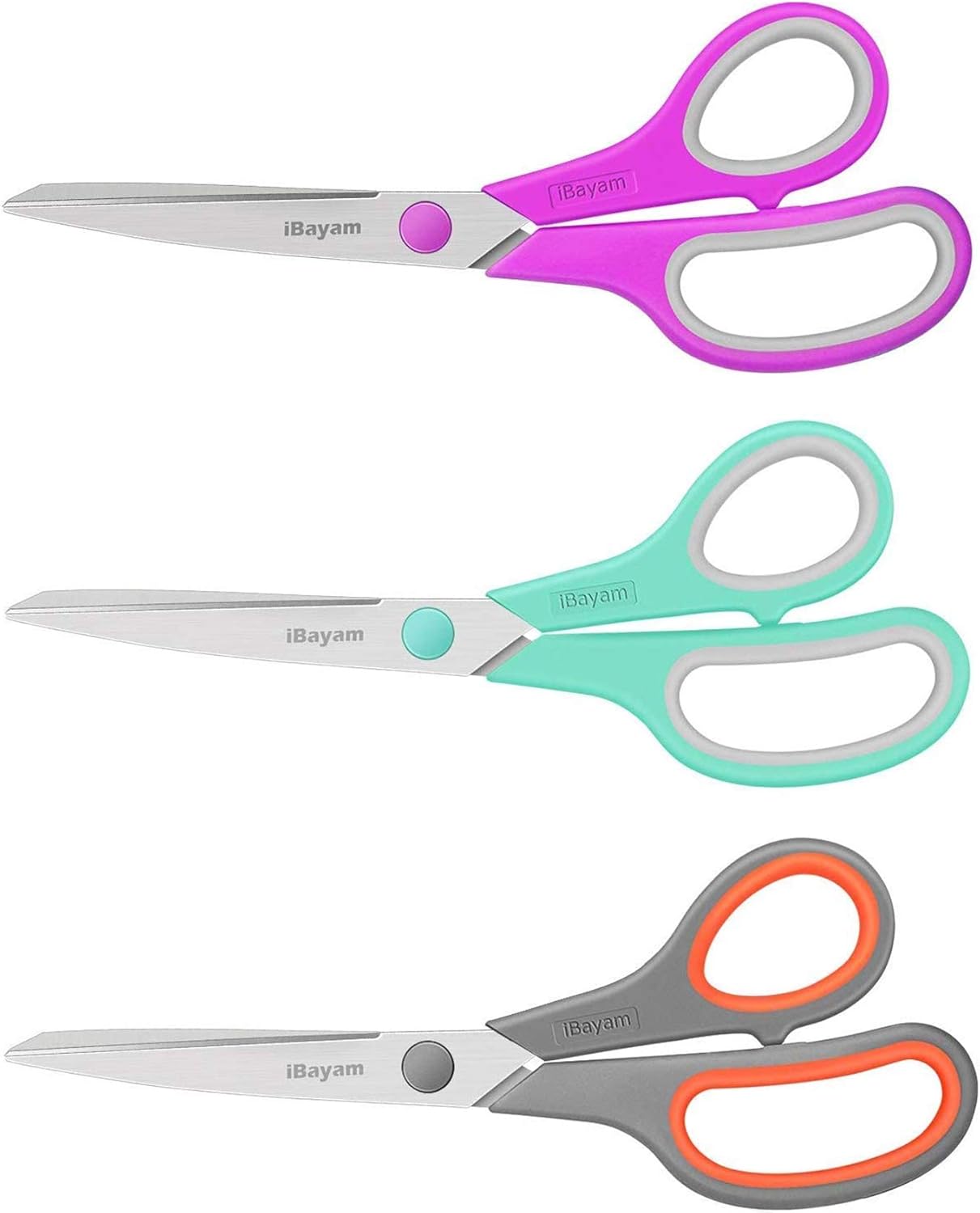 Scissors, iBayam 8" All Purpose Scissors Bulk 3-Pack, Ultra Sharp 2.5mm Thick Blade Shears Comfort-Grip for Office Desk Accessories Sewing Fabric Home Craft Teacher School Supplies, Right/Left Handed