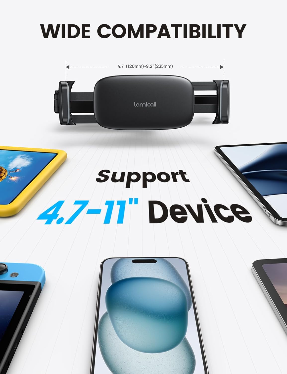 Lamicall Car Headrest Tablet Holder - [3 in 1 Extension Arm] Adjustable Tablet Car Mount for Back Seat, Road Trip Essentials for Kids, for 4.7-11" Device Like iPad Pro, Air, Mini, Galaxy, Fire, Black