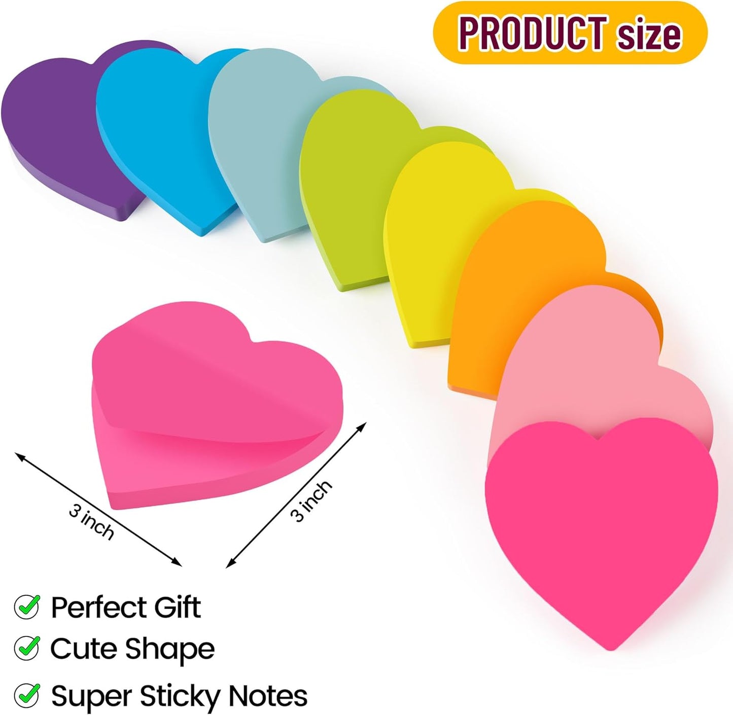 Heart Sticky Notes 3x3 in, 8 Pads, Super Cute Bright Color Strong Adhesive Post, Clean Removal, 82 Sheets/pad