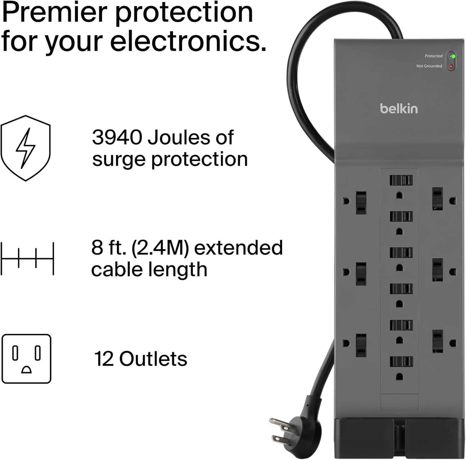Belkin 12-Outlet Surge Protector Power Strip w/ 12 AC Outlets & 8ft Flat Plug, UL-listed Heavy-Duty Extension Cord for Home, Office, Travel, Computer, Laptop, Charger - 3,940 Joules of Protection