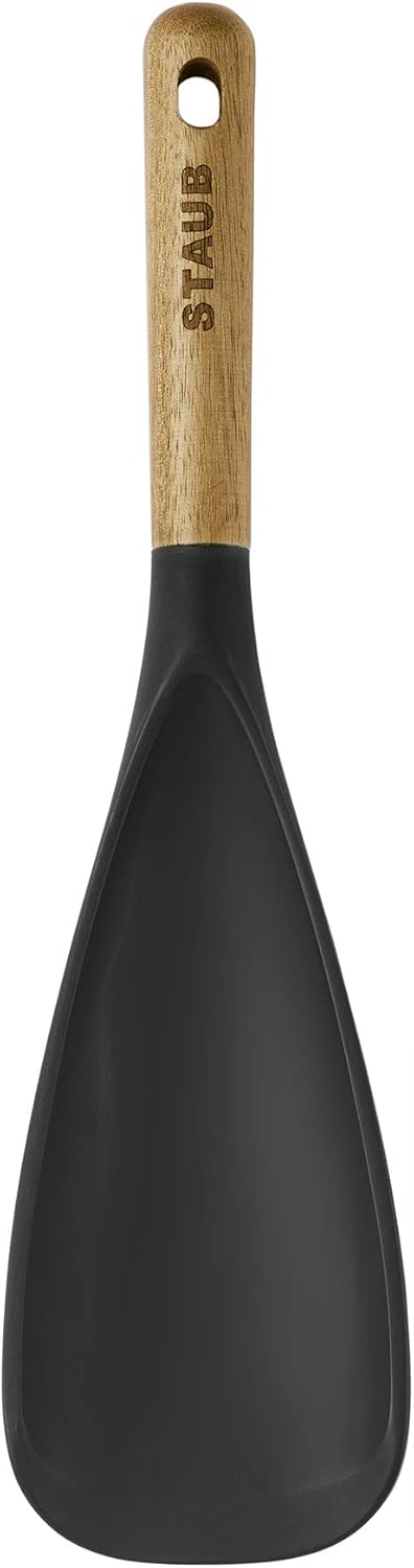 STAUB Multifunction Spatula Spoon, Great for Both Cooking and Serving Durable BPA-Free Matte Black Silicone, Acacia Wood Handles, Safe for Nonstick Cooking Surfaces