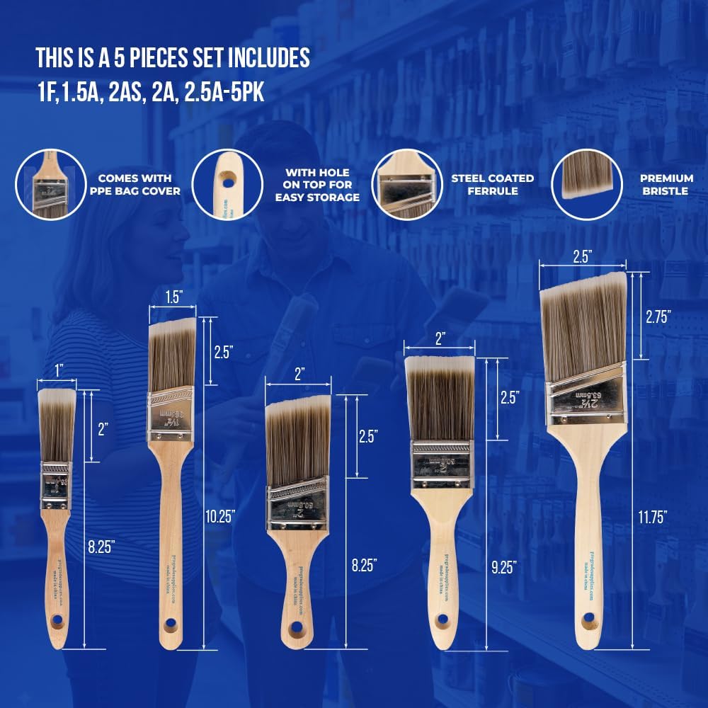 Pro Grade, Paint Brushes, 5-Piece, Paint Brush Set: Flat & Angle Brushes for Latex and Oil Paints, Stains, Interior & Exterior Home Improvement