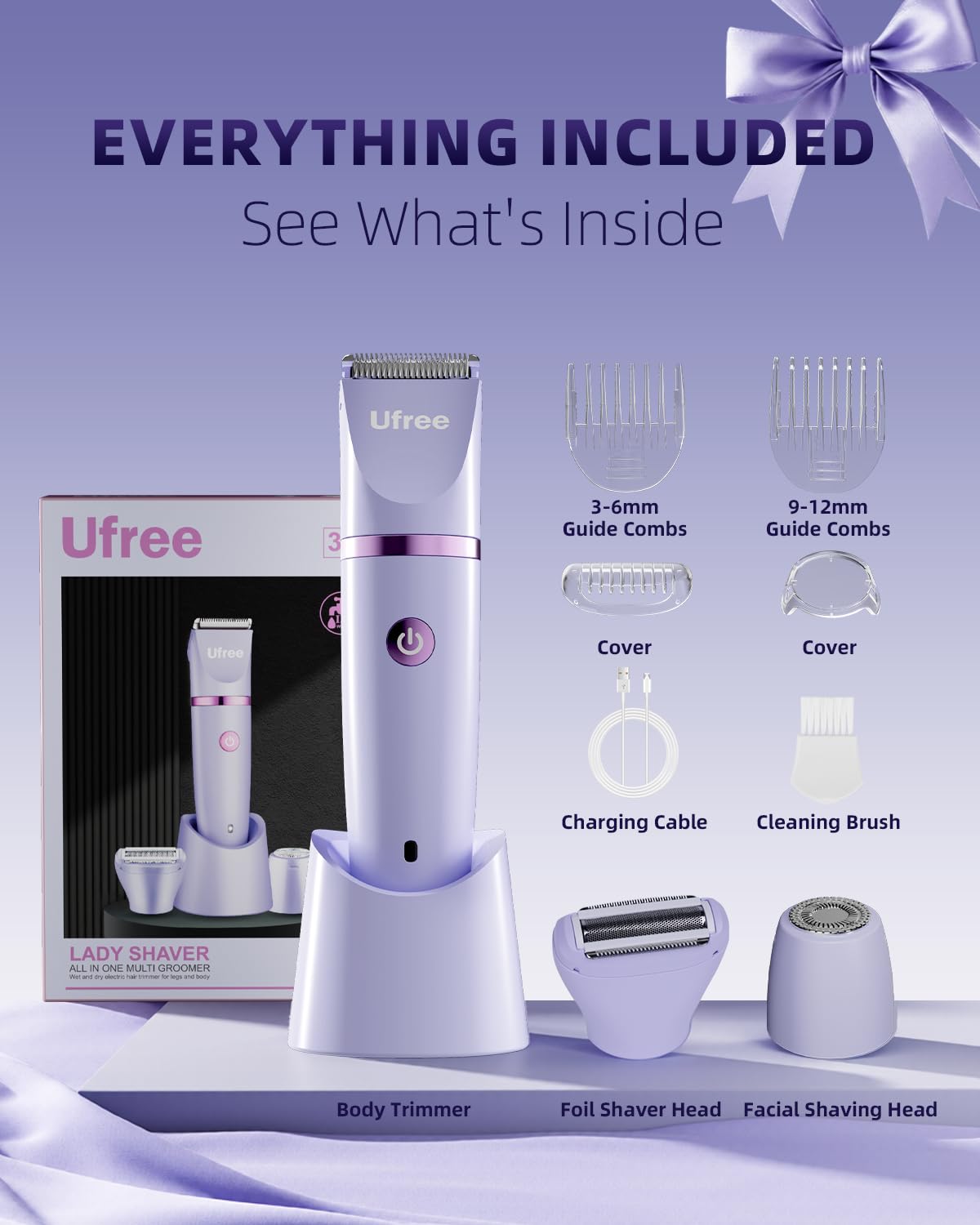 Ufree Bikini Trimmer Electric Razors for Women, Rechargeable Pubic Body Hair Trimmer Electric Shaver for Legs Body Hair, Bikini Shaver IPX7 Waterproof, Gifts for Women, Purple