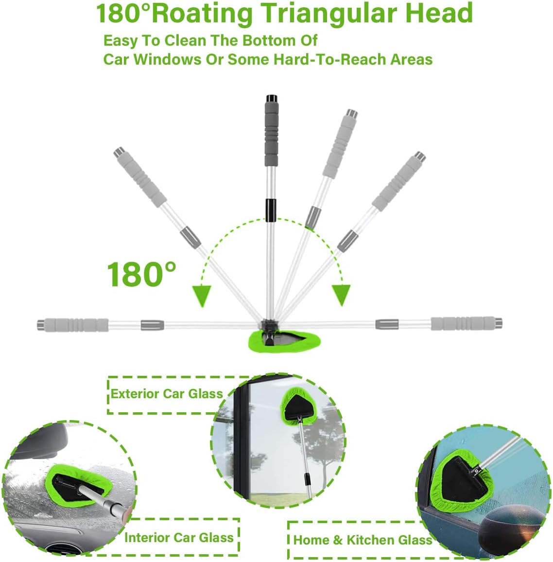 Windshield Cleaning Tool, Car Window Cleaner with 4 Washable Reusable Microfiber Pads, Extendable Long Handle Glass Wiper Cleaning Kit, Auto Accessories Universal for Office and Home (Green)