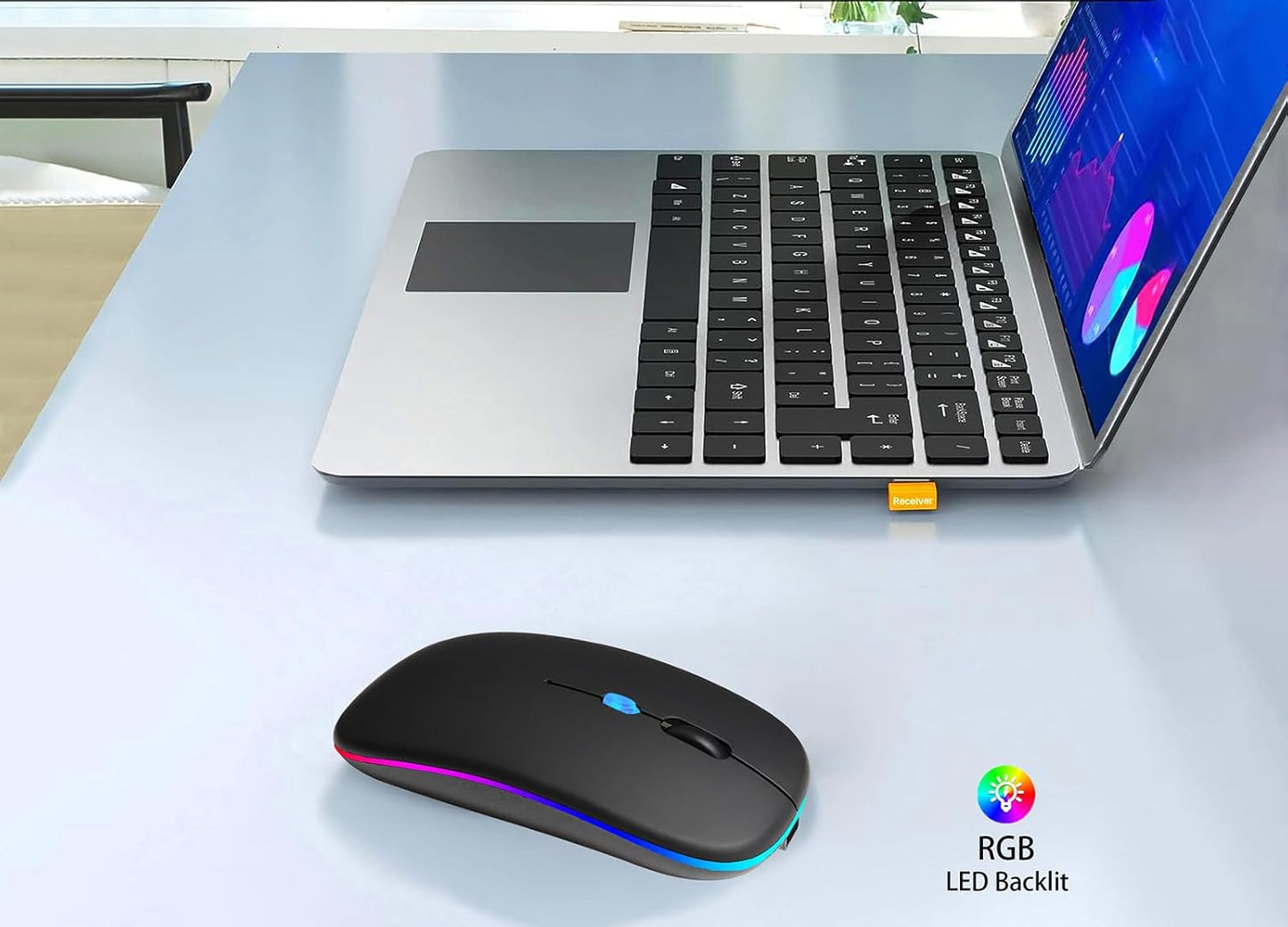 Wireless Bluetooth Mouse Rechargeable Laptop Mice with LED Use Portable(BT5.2 and USB 2.4G) Dual Mode Connection Silent Slim Computer Mouse for Laptop/iPad Tablet/Apple MacBook/PC (Black)