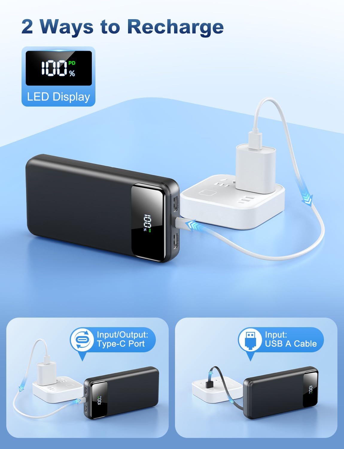 Portable Charger Power Bank 50000mAh Battery Pack, 22.5W Fast Charging PowerBank with Built in Cables,Travel Camping Essential USB-C Portable Phone Charger for iPhone Samsung Pixel Android iPad