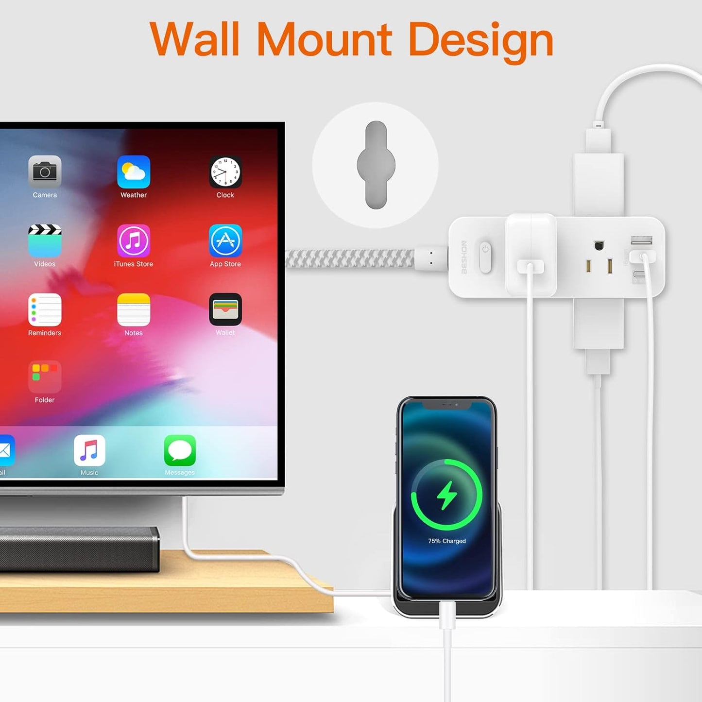 Power Strip Surge Protector, BESHON 5Ft Extension Cord, 6 Outlets with 3 USB Ports(1 USB C Outlet), 3-Side Outlet Extender, Wall Mount, Compact for Travel, Home, School, College Dorm Room and Office