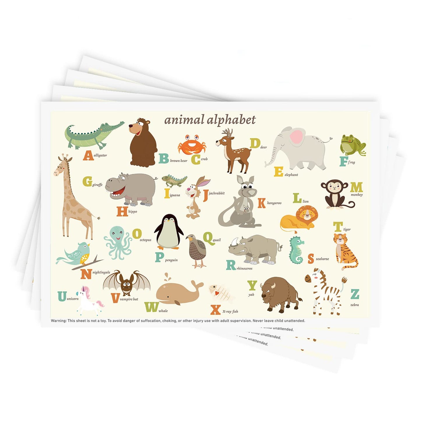 Babebay Disposable Stick-on Placemats 40 Pack for Baby & Kids & Toddler, Sticky Placemats Restaurant Table Mats 12" x 18" (Animal Alphabet)