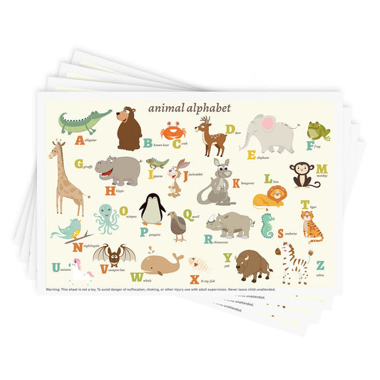 Babebay Disposable Stick-on Placemats 40 Pack for Baby & Kids & Toddler, Sticky Placemats Restaurant Table Mats 12" x 18" (Animal Alphabet)