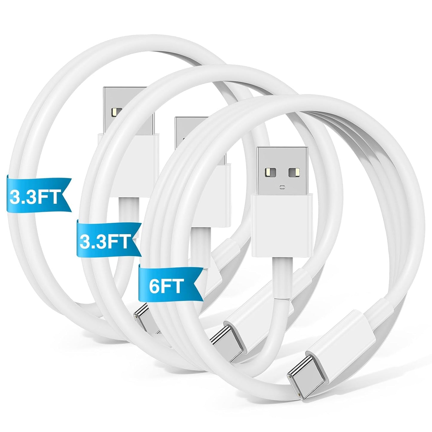 Car Carplay Cable for iPhone 17 16 15 Pro Plus Pro Max Air，3-Pack 3.3FT+3.3FT+6FT USB A to USB C Cable for iPhone 17 16 15，for iPad Pro/Air/Mini，for Galaxy S25 S24，for MacBook Pro/Air and More