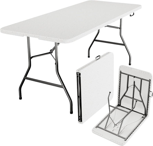 Folding Table 6ft - Heavy Duty Plastic Table with Handle, Foldable & Portable, Fold-in-Half Utility Tables for Outdoor, Dining, Wedding, Events, Indoor, Picnic, Camping, Party (White)
