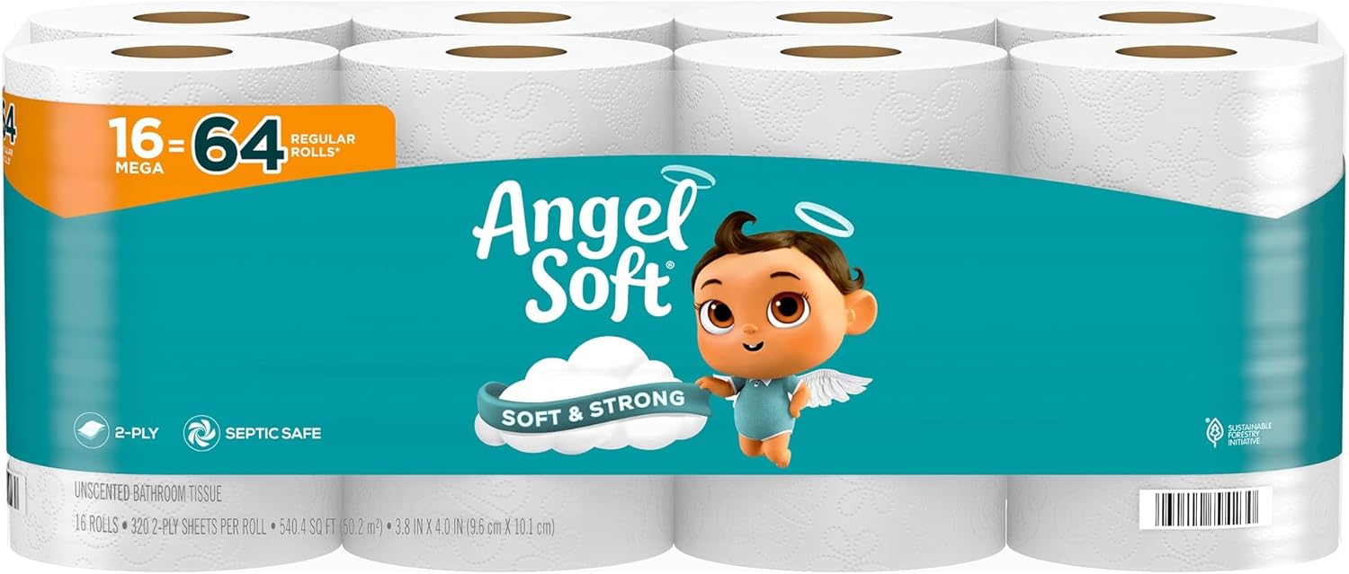 Angel Soft Toilet Paper, 16 Mega Rolls = 64 Regular Rolls, Soft and Strong Toilet Tissue