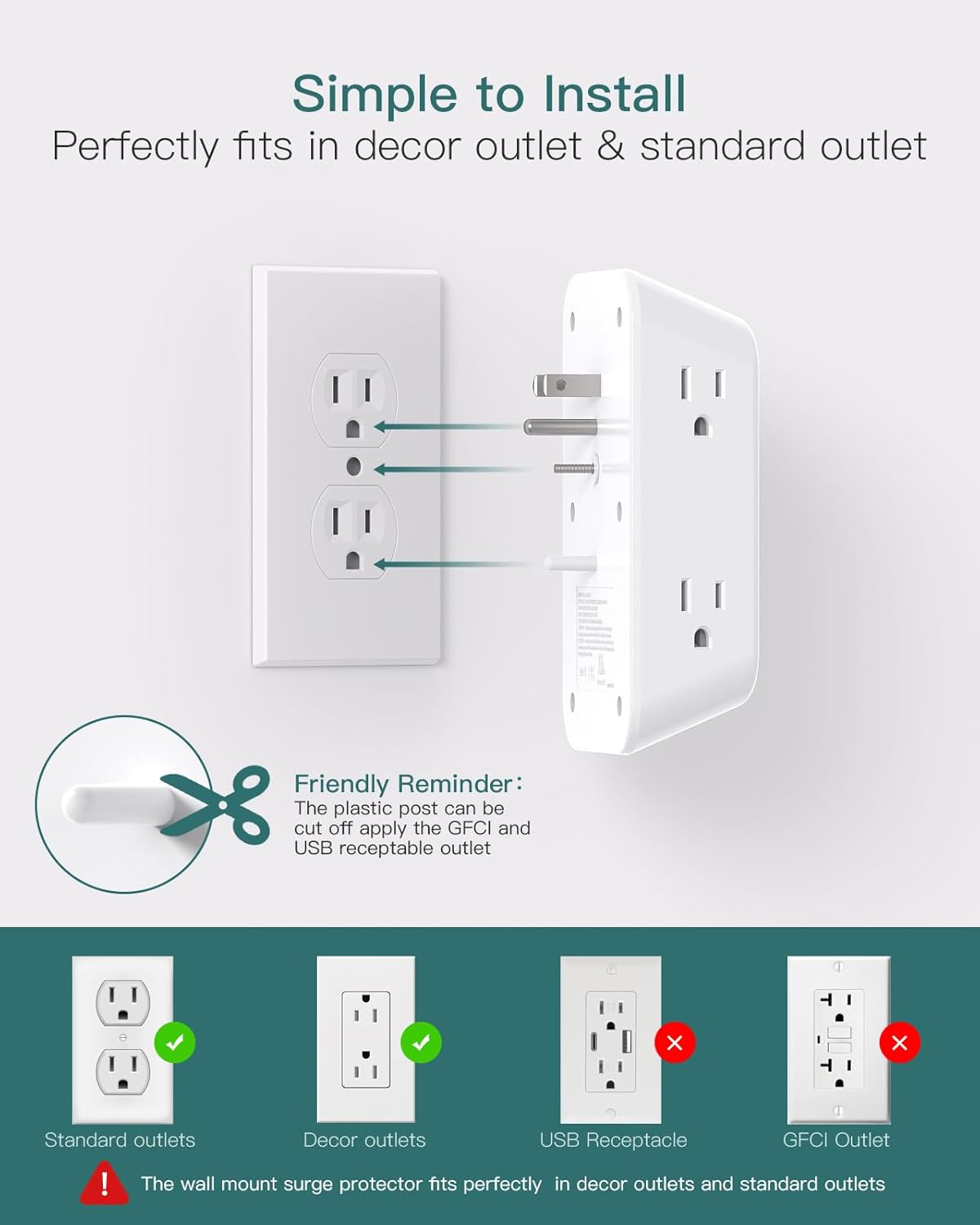 Addtam Surge Protector Outlet Extender, 6-Outlet Splitter with 4 USB Wall Charger(2 USB-C Ports), Multi Plug Wall Outlet 1800J Power Strip for Home Office Dorm Room Essentials