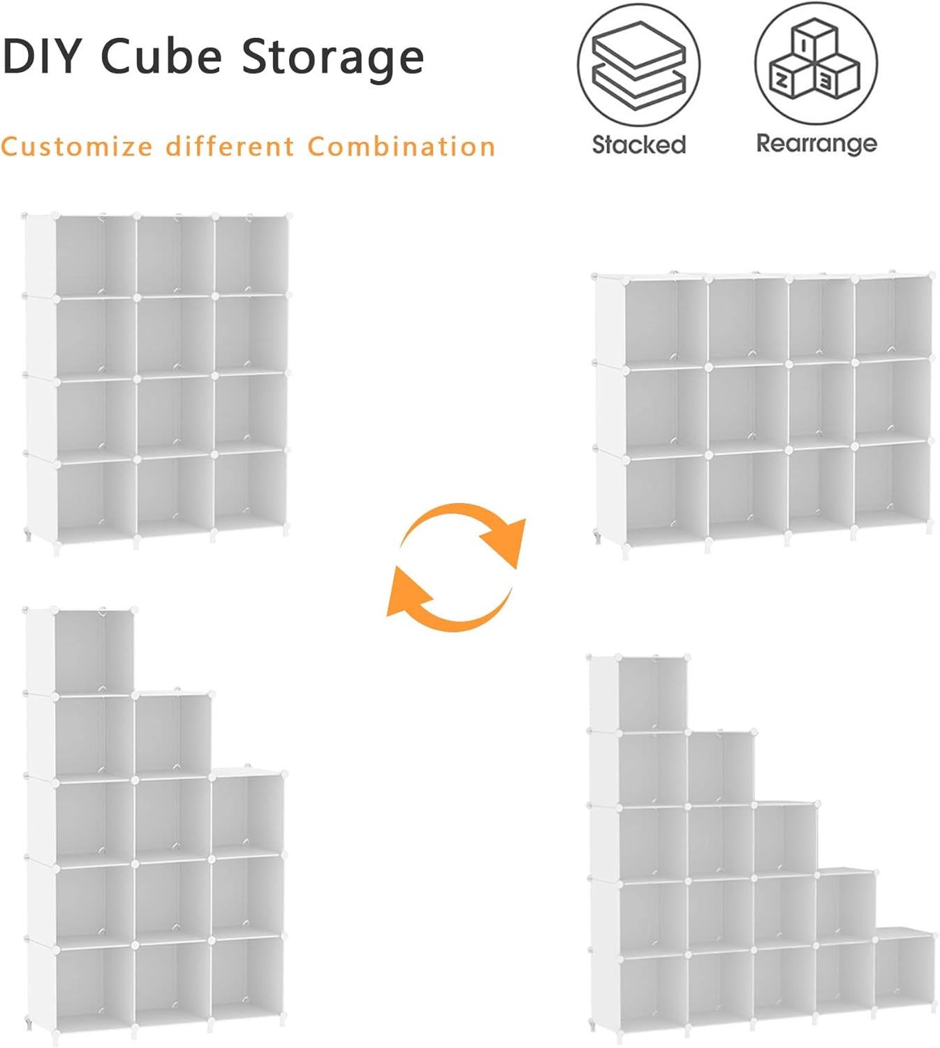 AWTATOS Cube Storage Organizer Storage 12 Cube Bookshelf DIY Plastic Closet Clothes Storage Shelves with Wooden Mallet, Stackable Storage Solution for Home, Bedroom, White