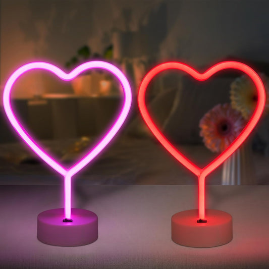 BRIGHTDECK 2 Pack Heart Neon Signs, LED Neon Sign Battery Operated or USB Powered Valentine's Day Decorations, Neon Lights Heart Decor for Valentine's Day Gifts, Wedding, Party, Pink Room Decor
