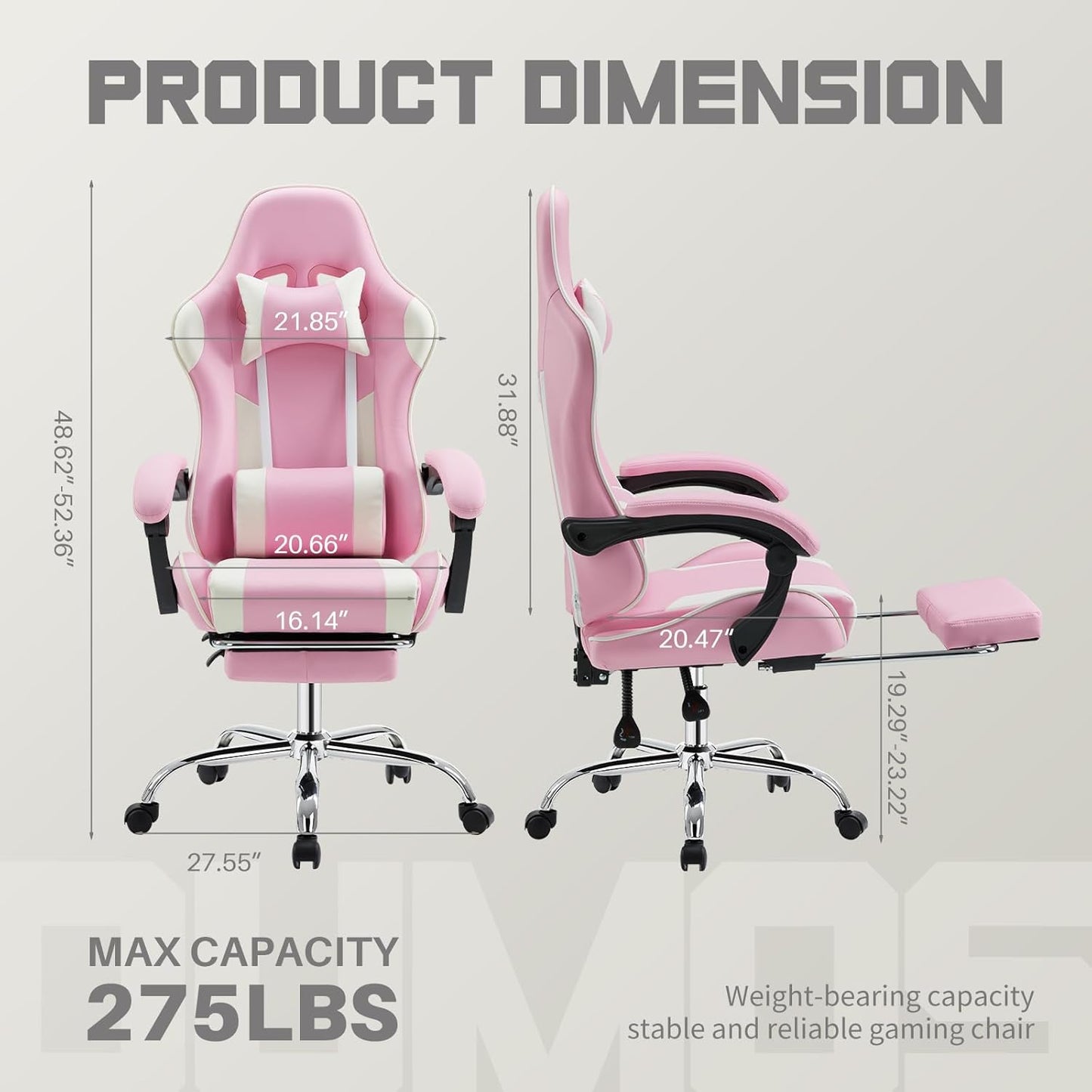 DUMOS Ergonomic Gaming Office Desk Chair with Footrest and Headrest for Adults, PU Leather Video Computer Chair with Linkage Armrests, Height Adjustable 360° Swivel Recling Chair, White Pink