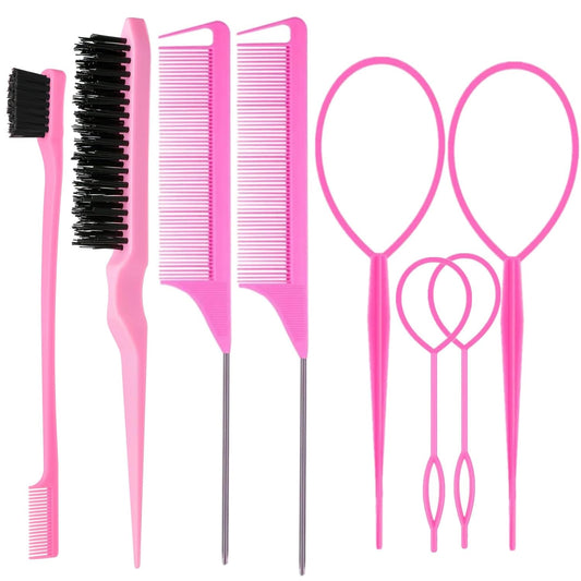 8Pcs Hair Brushes Set with 4Pcs Topsy Hair Tail Tools 1Pcs Bristle Teasing Hair Brush 1Pcs Edge Control Brush 2Pcs Metal Pin Rat Tail Combs for Woman Girl hair Styling,Edge&Back Brushing,Pink
