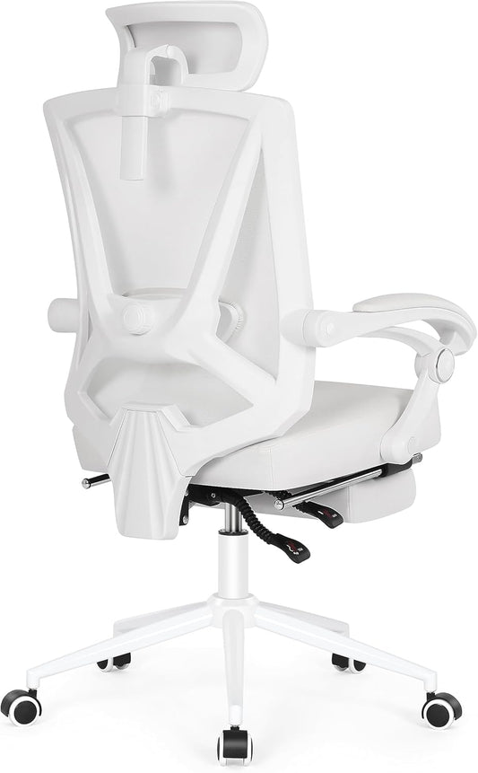 Misolant Ergonomic Office Chair with Footrest, Ergonomic Desk Chair with Adjustable 2D Lumbar Support, High Back Computer Chair with Adjustable Headrest, White Comfortable Leather Office Chairs