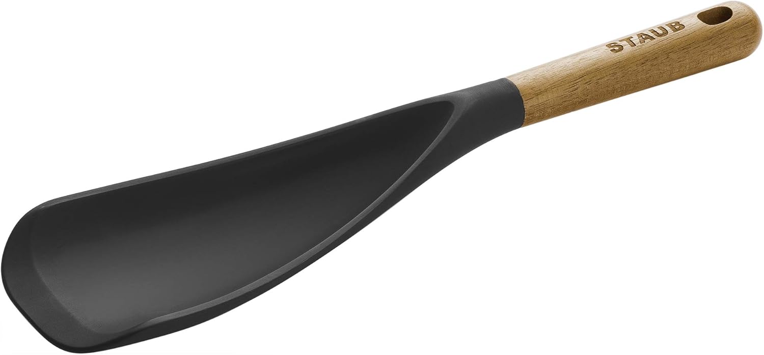 STAUB Multifunction Spatula Spoon, Great for Both Cooking and Serving Durable BPA-Free Matte Black Silicone, Acacia Wood Handles, Safe for Nonstick Cooking Surfaces