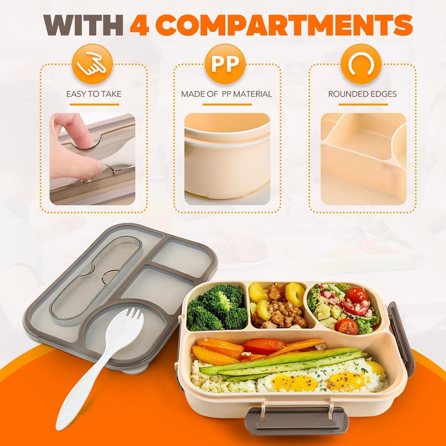 EASYFUN Bento Box Adult, Lunch Box Kids, 4-Compartment Lunch Containers, Drop-Proof, Dishwasher Safe & Made with BPA-Free Materials(Khaki)
