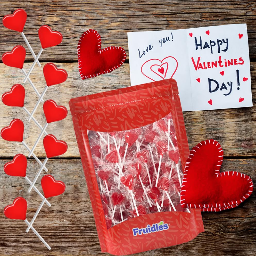 Fruidles Lollipops Mini Red Heart Shaped Strawberry Flavored Individually Wrapped, 5g 30 Lollipops Half-Pound