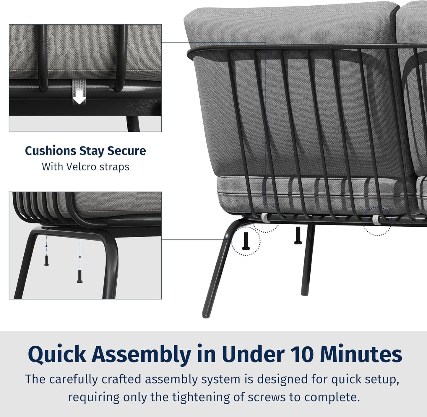 EAST OAK 4-Piece Plaza Patio Furniture Set, Outdoor Furniture for Balcony, Poolside, and Yard, with Thick Cushion Sofa and Coffee Table, Modern Patio Conversation Set, Black & Grey