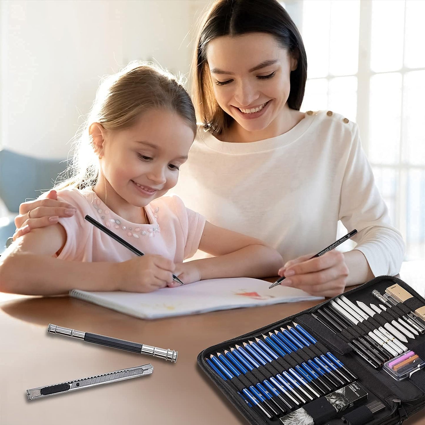 Prina 50 Pack Drawing Set Sketch Kit, Sketching Supplies with 3-Color Sketchbook, Graphite, and Charcoal Pencils, Pro Art Drawing Kit for Artists Adults Teens Beginner Kid, Ideal for Shading, Blending