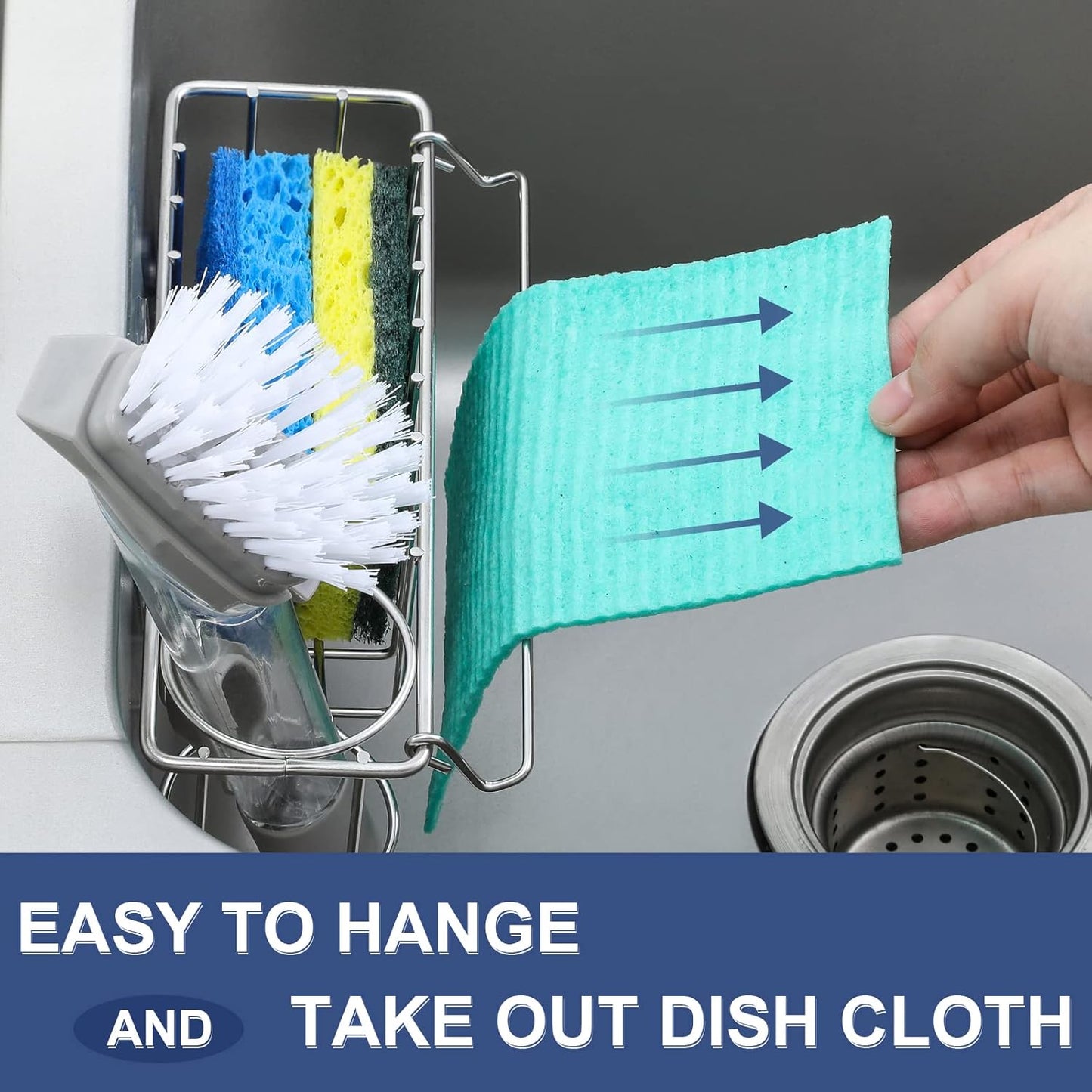 3-In-1 Sponge Holder for Kitchen Sink with Suction Cups & Adhesive Hook, In-sink Sponge Holder, Wall Hanging Sink Caddy Organizer Rack - Sponge, Dish Cloth, Brush, Scrubber - 304 Stainless Steel