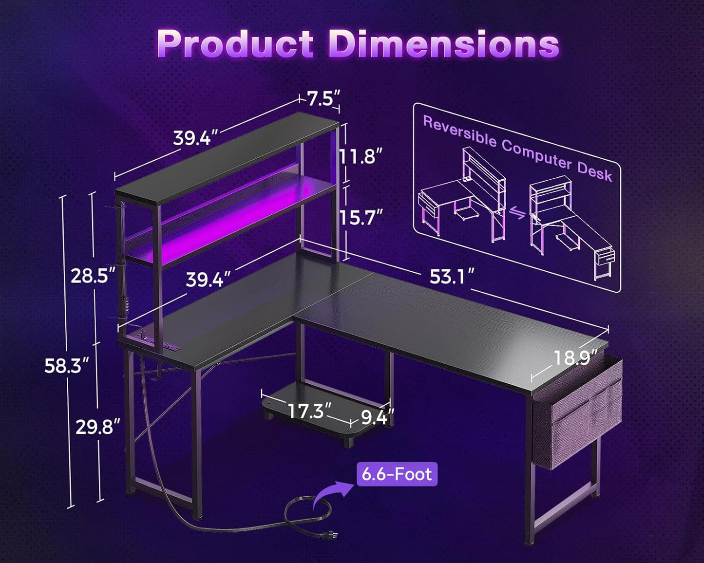ODK 53 Inch L Shaped Desk with LED Lighting, Reversible Gaming Desk with Power Outlets, Cornor Computer Table with Storage Shelves & Bag & Iron Hook, Home Office Table for Writing, Study, Black