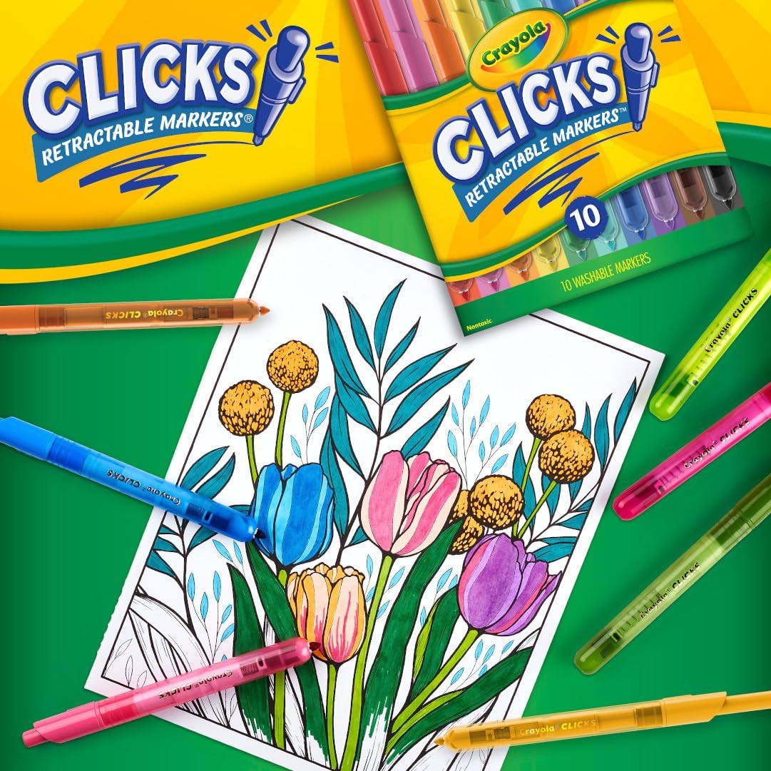 Crayola Clicks Retractable Tip Markers (10ct), Stocking Stuffers for Kids & Toddlers, Cone Tip Washable Art Marker Set, Coloring Book Supplies, No Dry, 3+