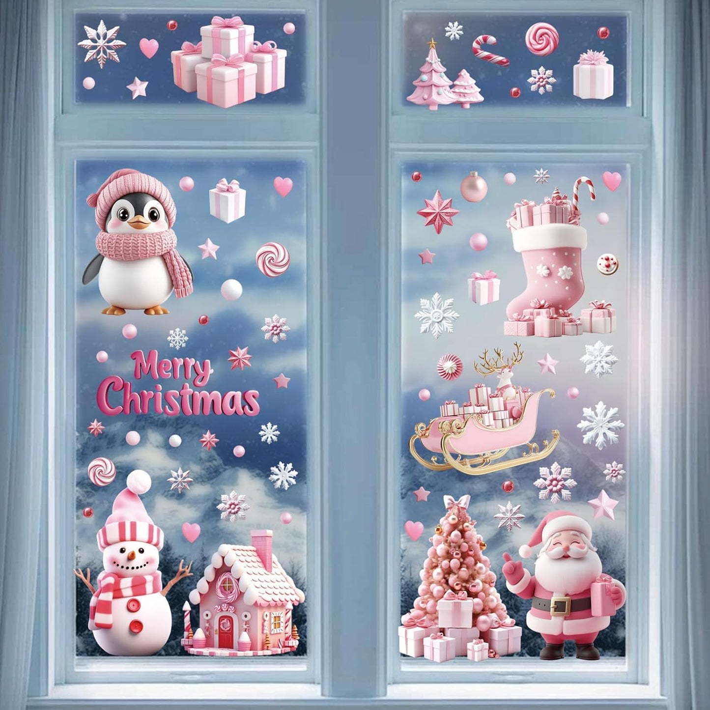 Christmas Window Clings Stickers, 9 Sheets Pink Santa Snowman Penguin Snowflake Christmas Tree Static Decals for Winter Holiday Decoration