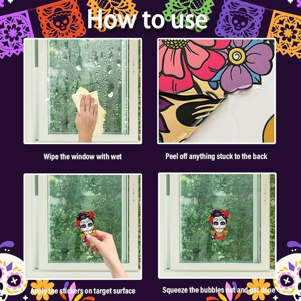 9 Sheets Halloween Window Clings, Sugar Skull Flower Double-Sided Window Stickers Reusable Static Day of The Dead Guitar Grave Window Decals for Mexican Dia De Los Muertos Decorations Party Supplies