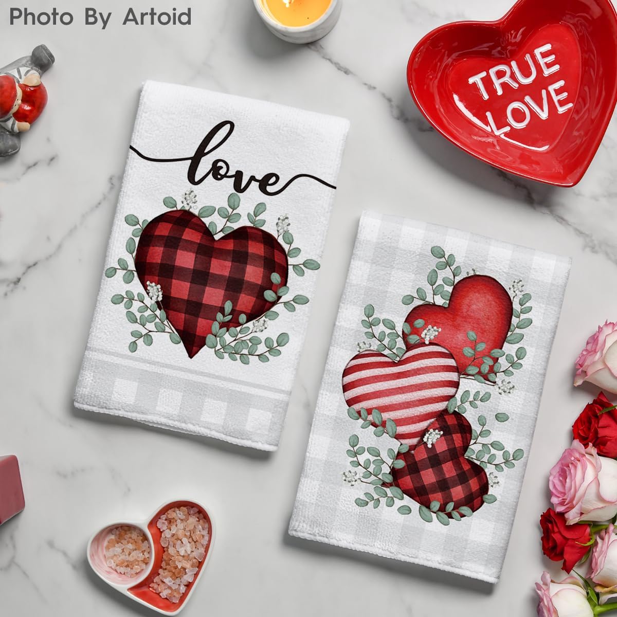 Artoid Mode Red Buffalo Plaid Heart Love Valentine's Kitchen Towels Dish Towels, 18x26 Inch Anniversary Wedding Decoration Hand Towels Set of 2