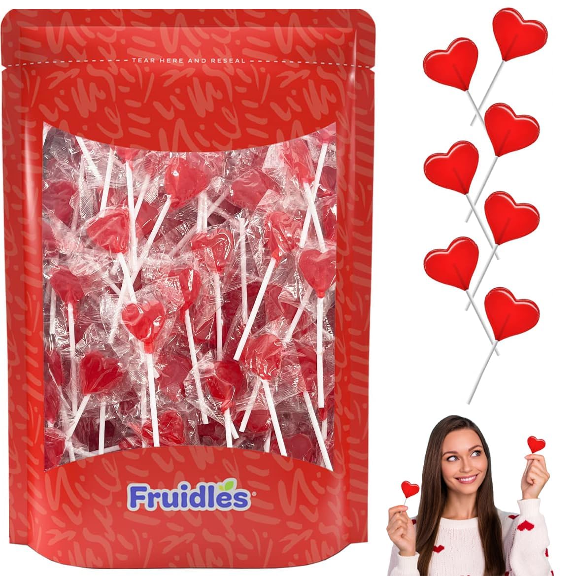 Fruidles Lollipops Mini Red Heart Shaped Strawberry Flavored Individually Wrapped, 5g 30 Lollipops Half-Pound