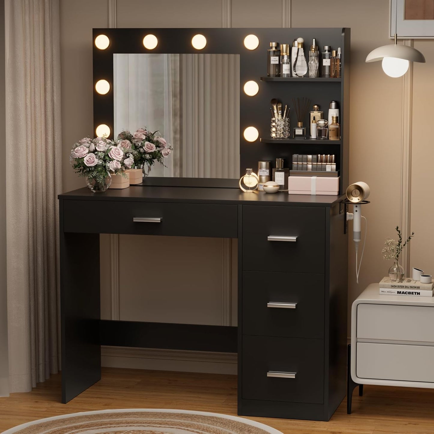 YESHOMY Vanity Desk with Mirror, 10 Lights, Power Outlet and 3 Storage Shelves, Makeup Table with 4 Drawers, 3 Color Modes, for Bedroom, Black