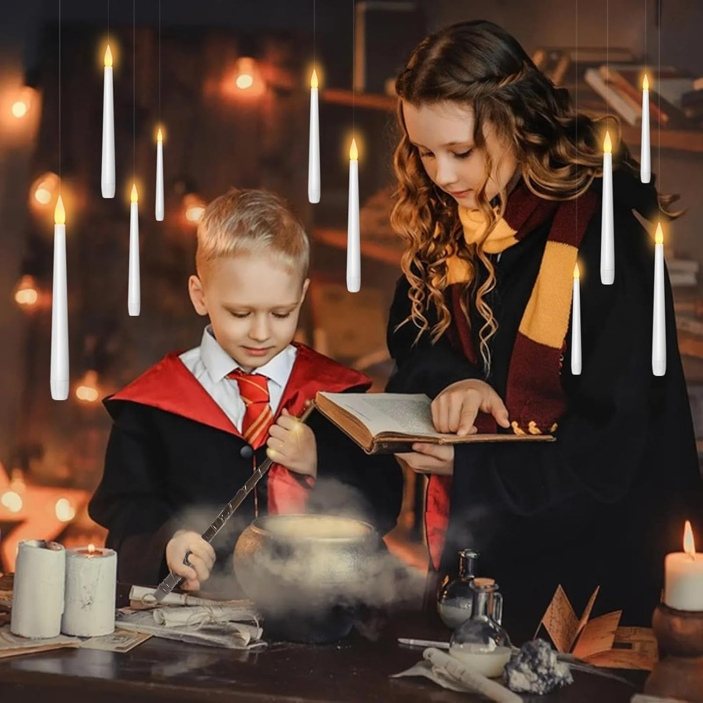 Flameless Floating Candles with Wand，20 Pcs Magic LED Hanging Taper Candles，Flickering Battery Operated Taper Candle with Wand Remote for Halloween Decorations Best Gift（White）