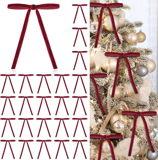 24 Pcs Red Velvet Christmas Ornaments, Rustic Velvet Bows for Christmas Tree, 5x7 Inch Pre-Tied Vintage Xmas Bows for Wreaths, Gifts and Holiday Home Décor, Ribbon Bows for Garland (3/8")