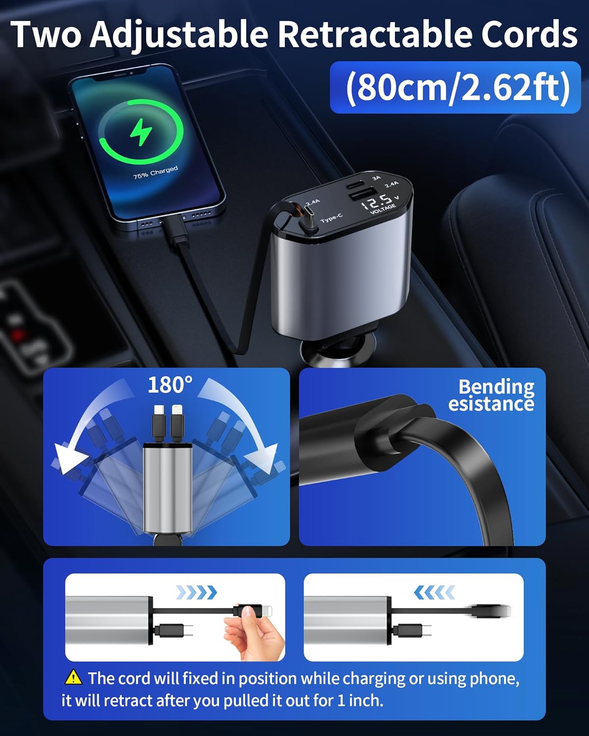 Retractable Car Charger, 4 in 1 Fast Charging Car Charger USB-C & USB-A Compatible with iPhone 17/16/15/14/13/12/11,Galaxy,Pixel
