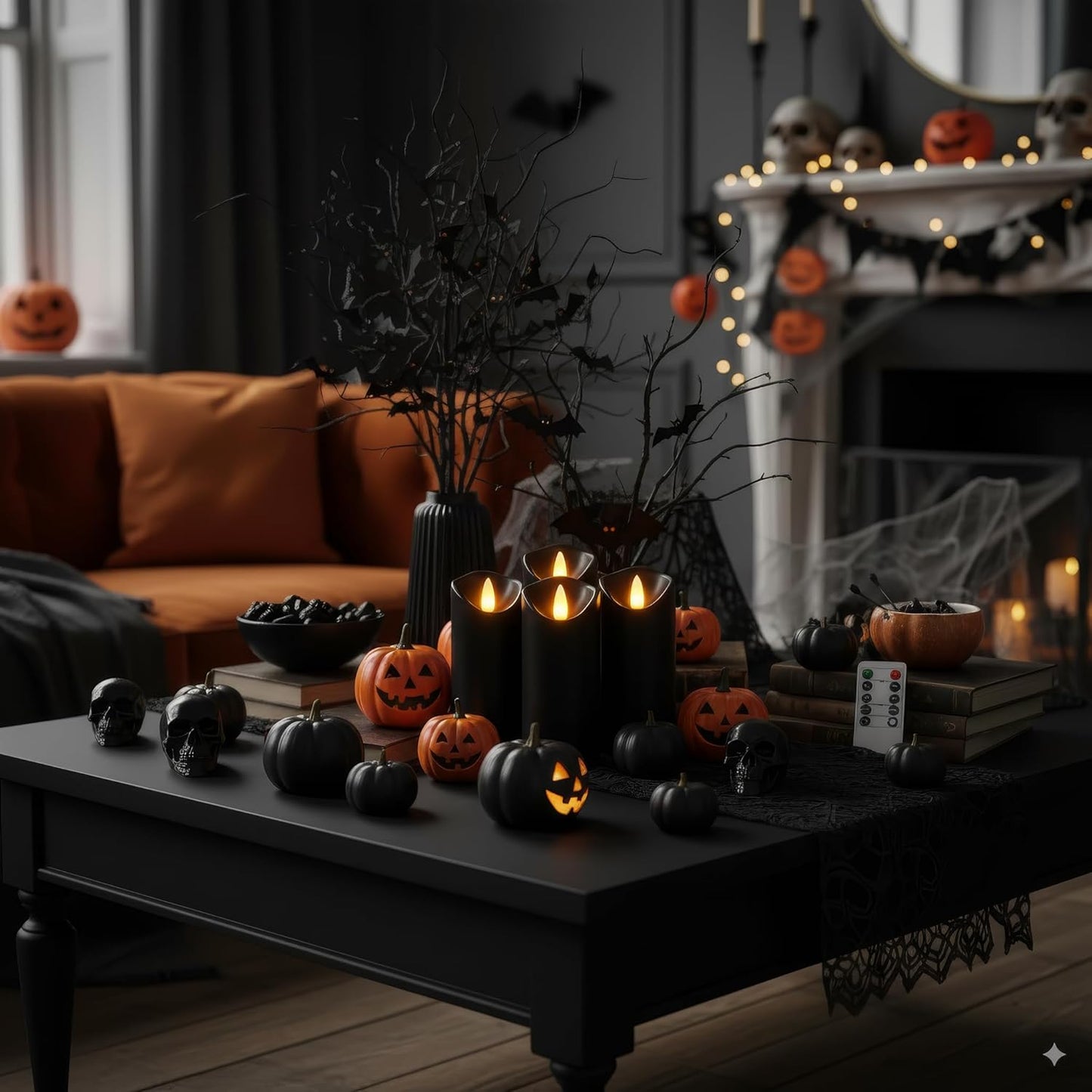Homemory Black Flameless Candles, Halloween Candles, Battery Operated Candles, LED Pillar Candles with Remote Control and Timers, Set of 9