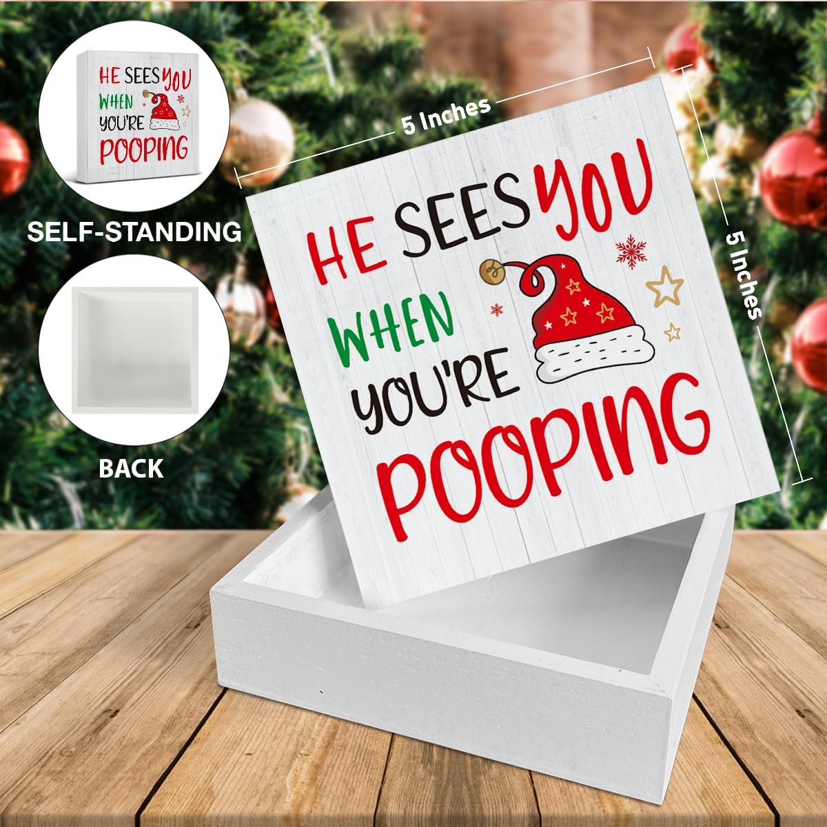 Christmas Bathroom Decorations - Funny Christmas Decor, He Sees You When You're Pooping Bathroom Wooden Sign, Home Decor for Desk Table Shelf 5 X 5 Inches