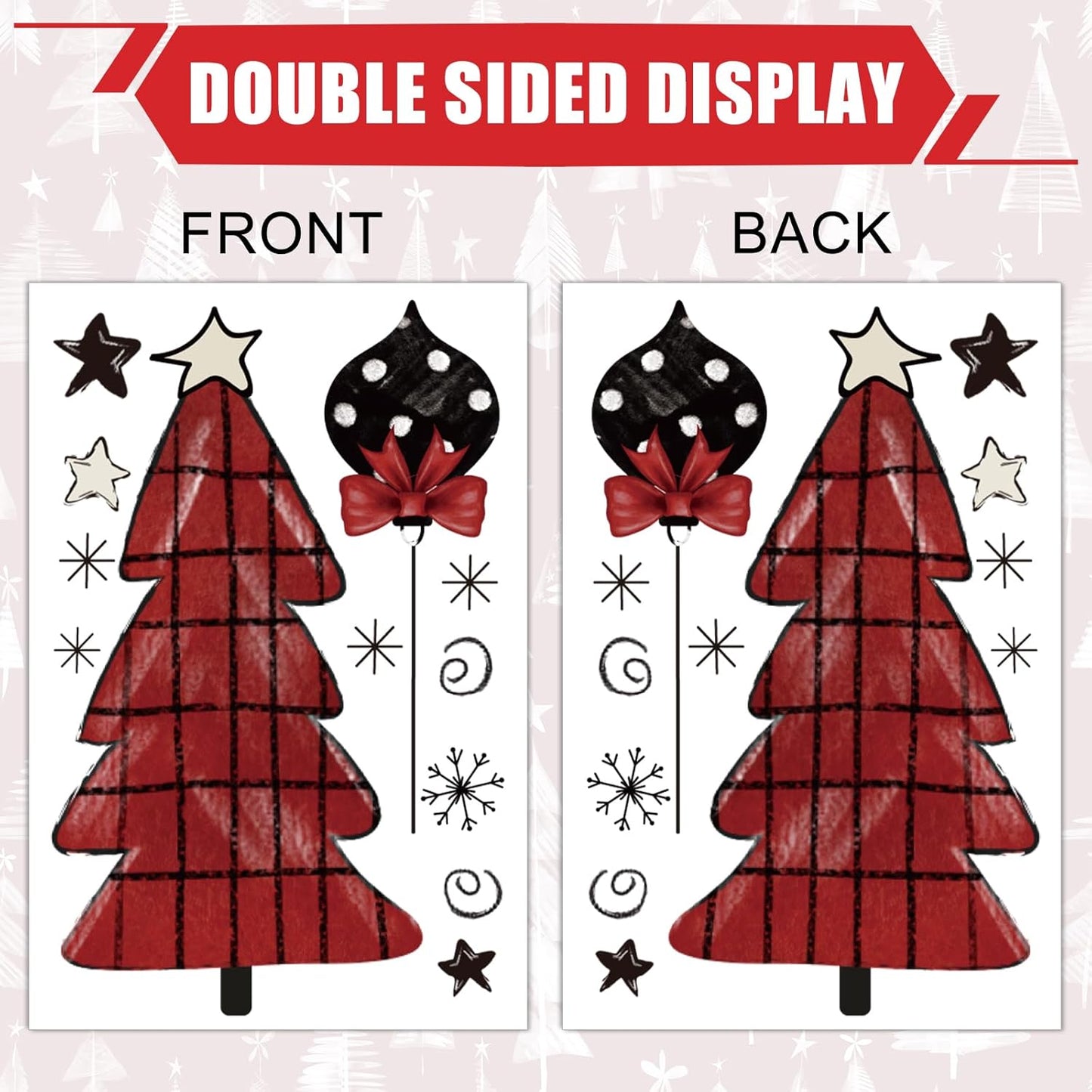 Whaline Merry Christmas Window Clings Red Black Xmas Tree Ball Snowflake Window Stickers Double-Side Plaid Glass Decals for Home Party Supplies, 7.9 x 11.8 Inch, 9 Sheets