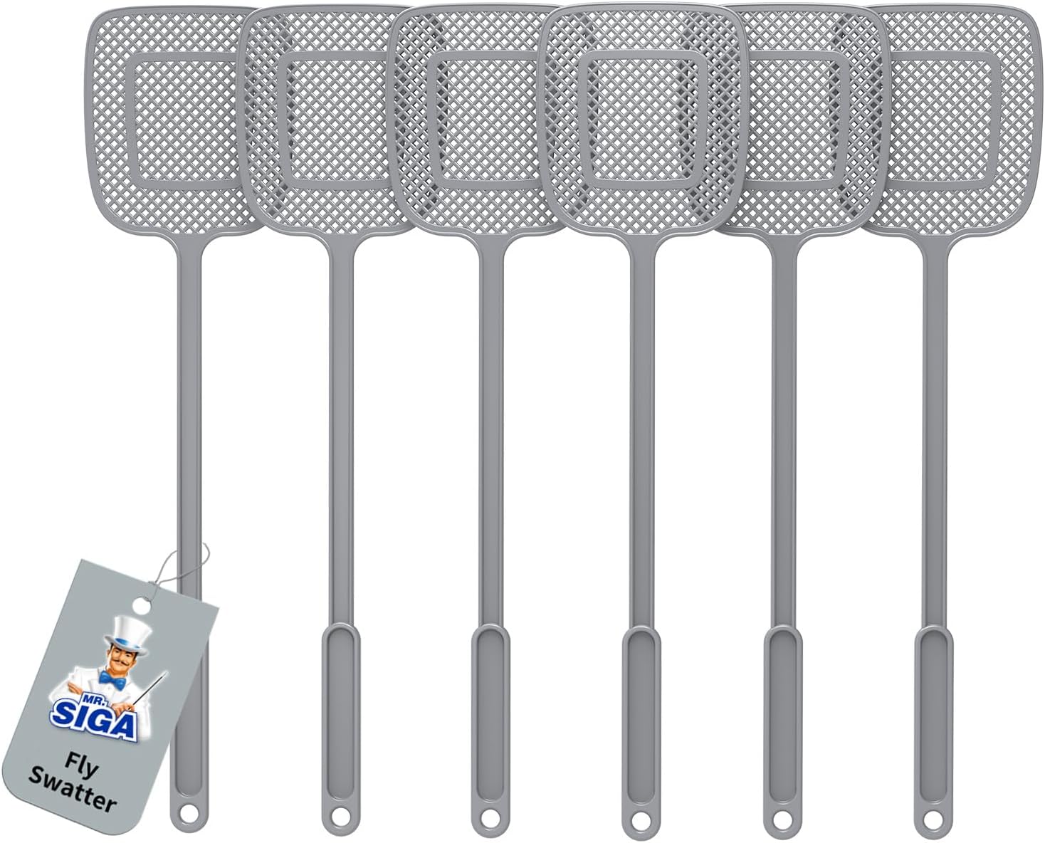 MR.SIGA Heavy Duty Long Handle Fly Swatter, Gray, 6 Pack