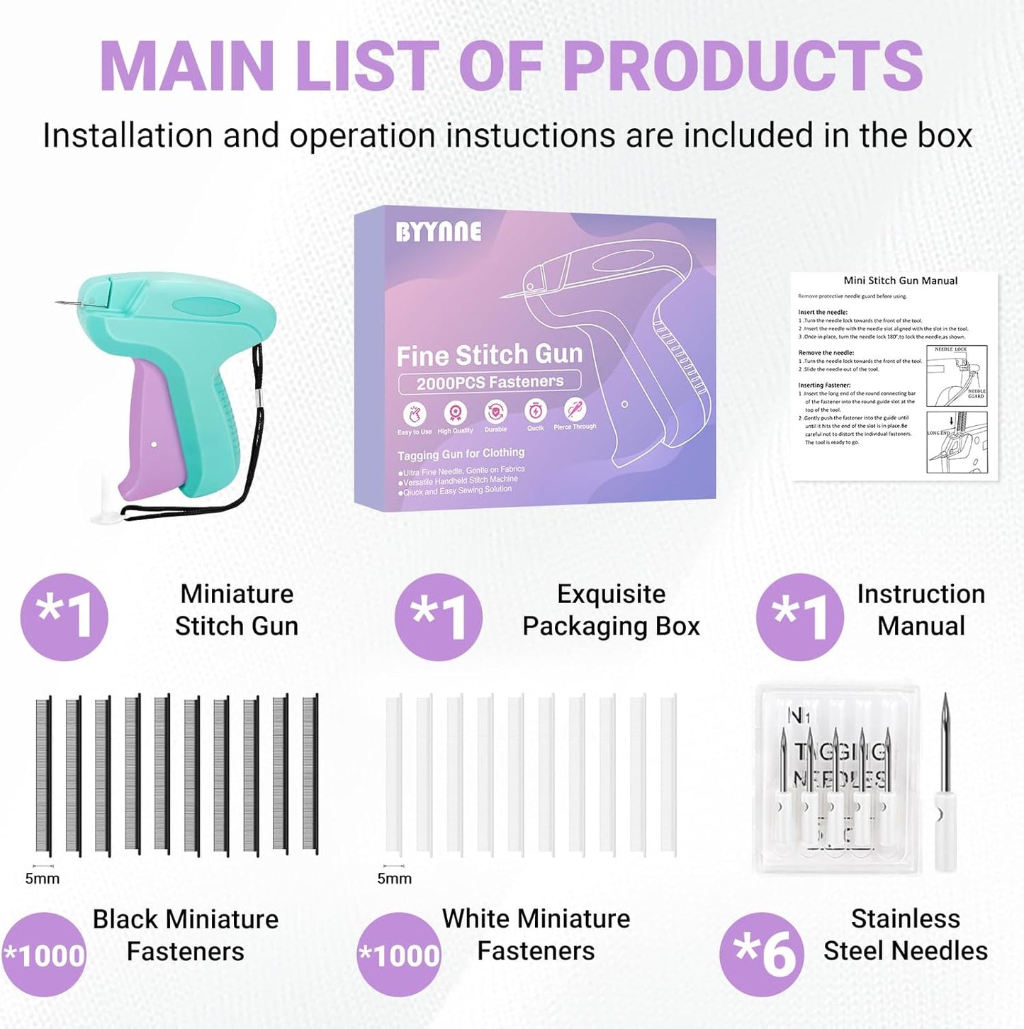 Stitch Gun for Clothes - Handheld Quick Clothing Fixer - Tagging Gun for Clothing, Sewing Kit - Includes 6 Fine Needles, 1000 Black & 1000 White Fasteners (Purple Green)