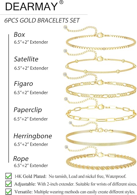DEARMAY Gold Bracelets for Women Waterproof, 14K Gold Plated Jewelry Sets Trendy Thin Dainty Stackable Cuban Link Paperclip Chain Bracelet Pack Fashion Accessories Gifts for Womens