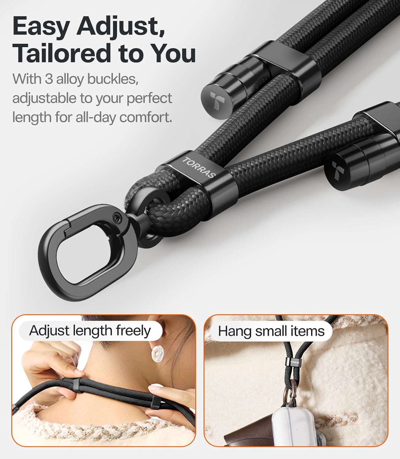 TORRAS Phone Lanyard Crossbody with 2 Phone Tabs, Adjustable Anti Theft Phone Strap for All Phones, Premium Metal Buckles, Skin-Friendly, Universal Cell Phone Neck lanyard for Travel Essentials, Black