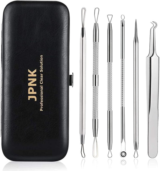 JPNK Blackhead Remover Tool Comedones Extractor Acne Removal Kit for Blemish, Whitehead Popping, 6 Pcs Zit Removing for Nose Face Tools with a Leather Bag