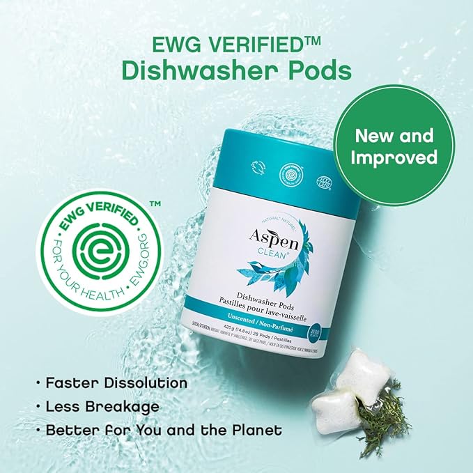 Unscented Dishwasher Pods by AspenClean, Dye-Free, Zero Plastic, EWG Verified™, Vegan, Eco-Friendly, Natural Dishwasher Detergent - 28 Count