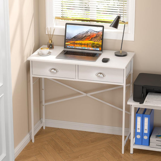 Small Writing Desk for Kids Bedroom, 31.5 Inch White Computer Desk for Small Spaces, Simple Desk with 2 Fabric Drawers for Home Office, Dorm, Living Room, Home Study Table, White