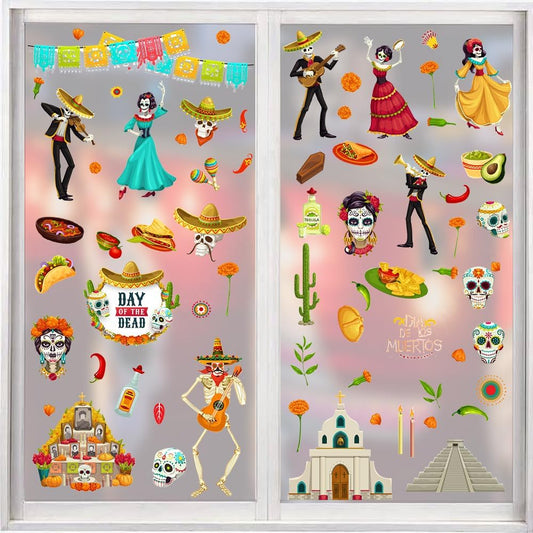 9 Sheets Halloween Window Clings, Sugar Skull Flower Double-Sided Window Stickers Reusable Static Day of The Dead Guitar Grave Window Decals for Mexican Dia De Los Muertos Decorations Party Supplies