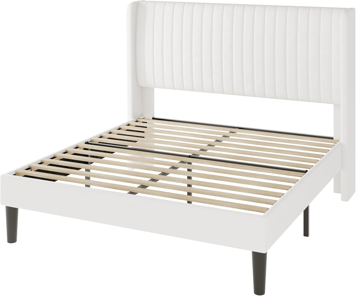 Allewie Full Size Velvet Bed Frame/Vertical Channel Tufted Wingback Headboard/Upholstered Platform Bed/Strong Wooden Slats/No Box Spring Needed/Easy Assembly/White